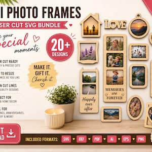 May include: A digital bundle of laser-cut mini photo frame designs in various shapes including house, heart, oval, and rectangular styles. The collection features wooden-textured frames, some with text like LOVE, HAPPILY EVER AFTER, and MEMORIES ARE FOREVER.