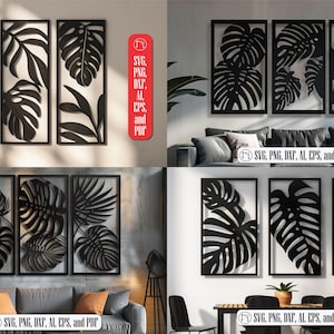 May include: Black framed wall art featuring stylized tropical leaves. The set includes three panels with intricate cut-out designs of monstera and other foliage. The art is suitable for interior decor and comes in SVG, PNG, DXF, AI, EPS, and PDF formats.
