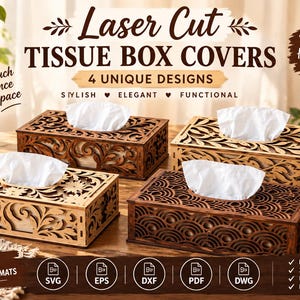 Puede incluir: Cuatro cajas rectangulares de madera para pañuelos con intrincados patrones cortados con láser. Cada caja contiene una pila de pañuelos blancos. Los diseños incluyen motivos florales, de hojas y geométricos en tonos madera.
