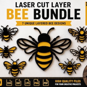 Könnte beinhalten: Ein digitales Bündel von sieben lasergeschnittenen, geschichteten Bienendesigns in Schwarz und Gelb. Das Bild enthält Text wie LASER CUT LAYER BEE BUNDLE, 7 UNIQUE LAYERED BEE DESIGNS sowie Dateiformate wie SVG, DXF, EPS, PNG und PDF.