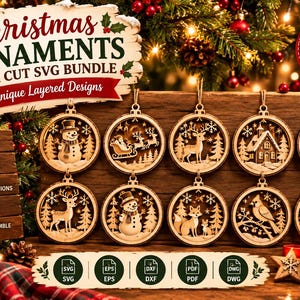 May include: A digital bundle of 10 laser cut SVG Christmas ornament designs featuring layered wooden scenes of snowmen, reindeer, Santa in a sleigh, a cabin, a penguin, a fox, a cardinal, and a bear, with text labels including Christmas Ornaments.
