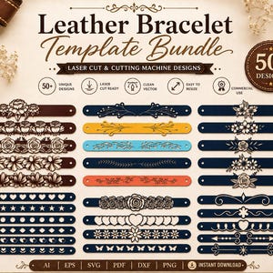 Leather Bracelet Template Bundle, Laser Cut Patterns (SVG, DXF, PDF)
