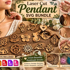 May include: A digital bundle of laser cut pendant designs featuring various shapes including a lotus, butterfly, cat, sun, moon, and mountain scenes. The collection includes SVG, DXF, AI, EPS, PDF, and PNG file formats for creating jewellery.