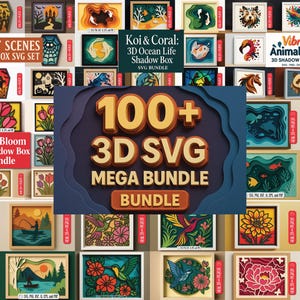 Pode incluir: Uma coleção de designs de caixas de sombra SVG 3D, incluindo temas como "Spooky Scenes", "Koi & Coral", "Vibrant Animal Splash" e "Tulip Bloom". A imagem central diz "100+ 3D SVG MEGA BUNDLE BUNDLE".