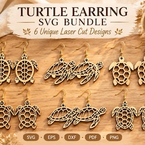 Könnte beinhalten: Ein digitales Download-Paket mit sechs lasergeschnittenen Schildkröten-Ohrring-Designs. Das Bild zeigt zwölf hölzerne Schildkröten-Ohrringe mit geometrischen Panzermustern, die jeweils an goldfarbenen Metallhaken befestigt sind. Text: TURTLE EARRING SVG BUNDLE, 6 Unique Laser Cut Designs, DIGITAL DOWNLOAD, SVG, EPS, DXF, PDF, PNG.