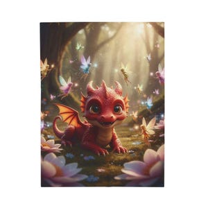 May include: A whimsical illustration of a red dragon with large eyes, small horns, and orange wings, surrounded by fairies in a forest setting. The dragon is lying on a bed of flowers and grass, with sunlight filtering through the trees.