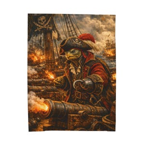 May include: A wall art print depicting a turtle pirate wearing a red coat and a tricorn hat with a feather, standing on a ship deck. The turtle holds a lit match near a smoking cannon, with a skull and crossbones flag and another ship in the background.