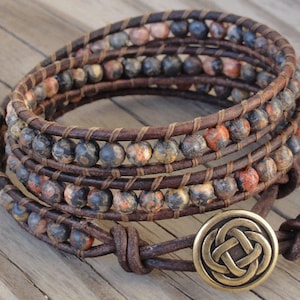 Triple Leather Wrap Bracelet with 4mm Leopardskin Jasper Beads & Celtic Knot Button