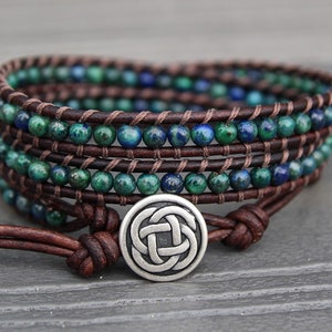 Azurite Triple Leather Wrap Bracelet - Blue & Green Stone Beads - Celtic Knot Closure