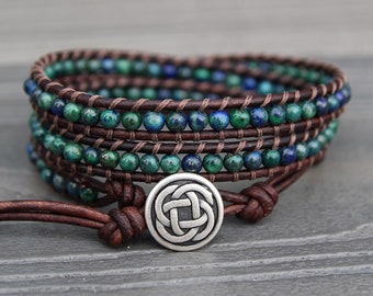 Azurite Triple Leather Wrap Bracelet - Blue & Green Stone Beads - Celtic Knot Closure