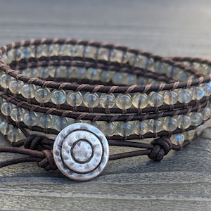 Labradorite Triple Leather Wrap Bracelet - Gray with Brown Leather