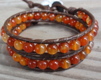 Leather Wrap Bracelet Double Beaded Red Agate