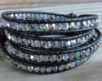 Leather Wrap Bracelet - Quad Wrap - Vitrail Czech Firepolished Glass Beads