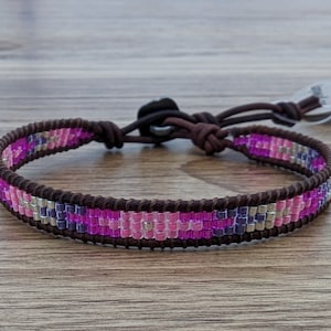 Skinny Beaded Single Leather Wrap Bracelet with Seed Beads - Pink, Purple, Silver