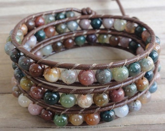 Triple Leather Wrap Bracelet with 6mm Fancy Jasper Beads