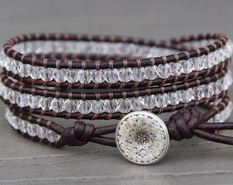 Triple Leather Wrap Bracelet - Clear Faceted Czech Glass - Beaded Wrap Bracelet - Boho Bracelet