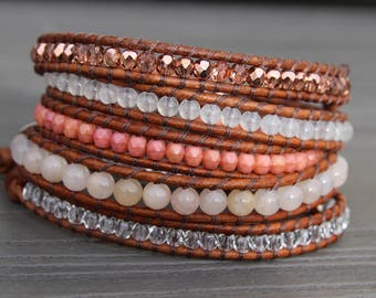 5 Wrap Leather Wrap Bracelet - Czech Glass, Snow Quartz, and Pink Aventurine - 5x Beaded Boho Bracelet