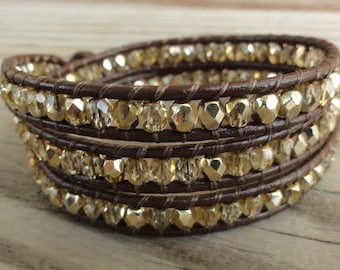 Triple Leather Wrap Bracelet Gold Firepolished Czech Faceted Glass