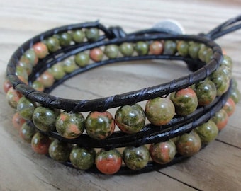 Unakite Double Leather Wrap Bracelet - Beaded - Green and Pink