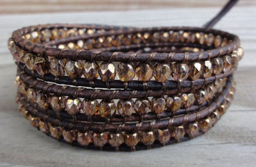 Copper Luster Faceted Czech Glass Beaded Triple Leather Wrap