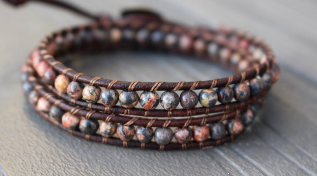 Double Leather Wrap Bracelet With 4mm Leopardskin Jasper Beads - Etsy