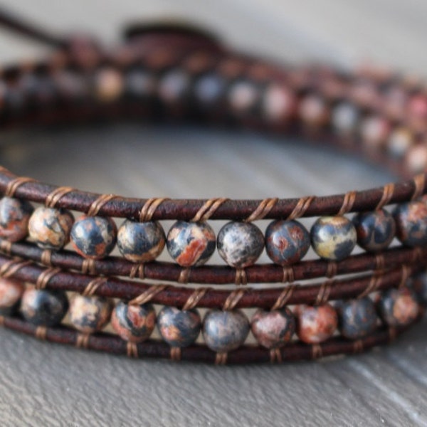 Double Leather Wrap Bracelet with 4mm Leopardskin Jasper Beads & Celtic Knot Button