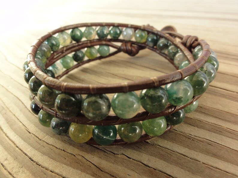 Green Moss Agate Double Beaded Leather Wrap Bracelet | Etsy