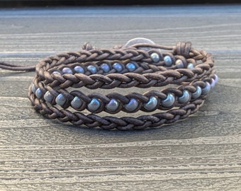 Braided Leather Wrap Bracelet with Beads - Gray Leather Cord and Iridescent Gray Beads with Elephant Button Closure