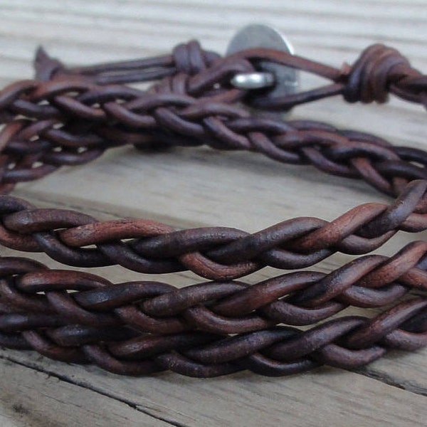 Braided Leather Wrap Bracelet - Antique Brown Leather Cord with Celtic Knot Button Closure