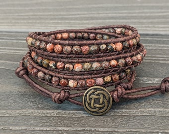 4x Leather Wrap Bracelet with 4mm Leopardskin Jasper Beads & Celtic Knot Button