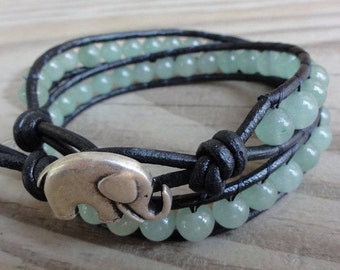 Green Aventurine Beaded Double Leather Wrap Bracelet with Elephant Button