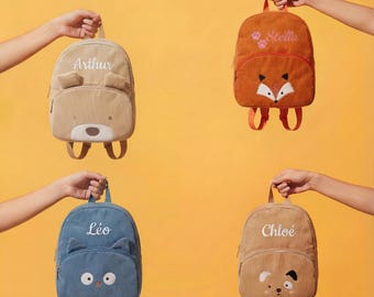 Zaino per bambini personalizzato con nome - Zaino in velluto a coste personalizzato con animali - Borsa per bambini piccoli e scuola materna