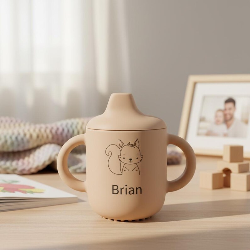 May include: A beige sippy cup with a lid and two handles. A cartoon squirrel is printed on the front, with the name "Brian" below. The cup is made of a soft material and is designed for babies and toddlers.