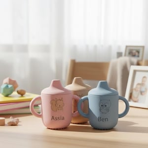 May include: Three silicone sippy cups in pink, tan, and blue, each with a handle and a lid. The pink cup has a squirrel illustration and the name "Assia", the tan cup is blank, and the blue cup has an owl illustration and the name "Ben".