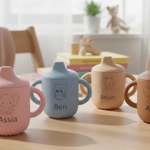 May include: Four colorful baby sippy cups with handles and lids are displayed on a wooden table. Each cup has a different color: pink, blue, tan, and brown. The cups have animal illustrations and names: Assia, Ben, Brian, and Assia.
