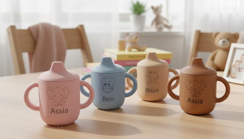 May include: Four colorful baby sippy cups with handles and lids are displayed on a wooden table. Each cup has a different color: pink, blue, tan, and brown. The cups have animal illustrations and names: Assia, Ben, Brian, and Assia.