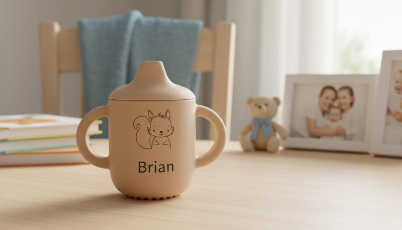 May include: A tan sippy cup with a squirrel graphic and the name "Brian" printed on it. The cup has two handles and a lid. A teddy bear and framed photos are in the background.