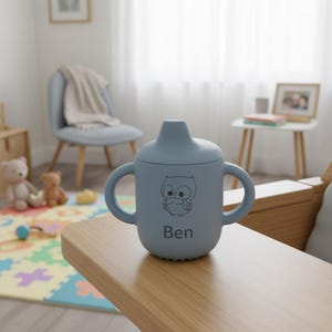 May include: A light blue baby sippy cup with a lid and two handles. The cup features a cartoon owl illustration and the name "Ben" printed below the owl. The cup is sitting on a wooden surface.