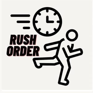 May include: A black and white graphic icon featuring a stylized stick figure running forward. Above the figure is a clock with motion lines indicating speed. To the left of the figure, the text RUSH ORDER is printed in bold black capital letters.