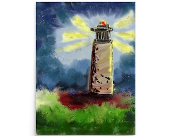 Lighthouse I - reproduction art poster print of original digital drawing - light, seascape, home decor