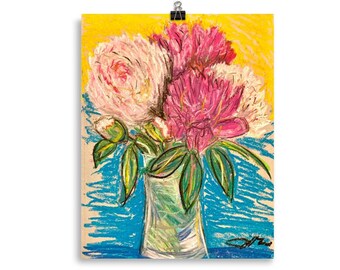 Peonies Flower Art Poster - Reproduction of original pastel drawing - floral home decor, wall art