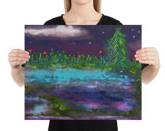 Pondering - Colorful Night Pond Digital Art Landscape Water Poster Print