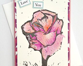 Love You Original Art Rose Linocut Print Handmade Greeting Card -- Geometric Pink Flower - Anniversary, Valentine's Day, Thinking of You