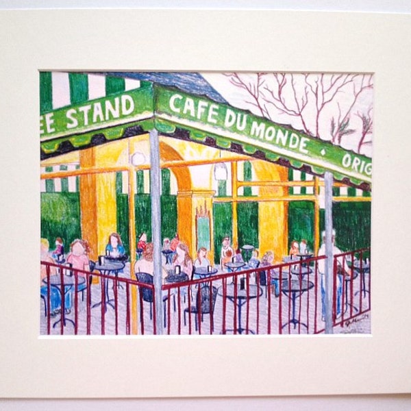 8 x 10 Art Print - Cafe Du Monde, New Orleans - Reproduction of Original Drawing - optional 11 x 14 Mat - NOLA art,