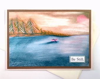 Be Still handmade meditative art greeting card - reproduction of original boat, waterscape drawing - sympathy, thinking of you