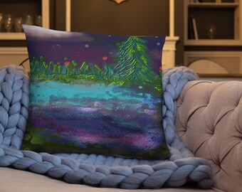 Colorful Art Pillow - Pondering - Decorative home decor featuring original art - night time landscape scene