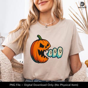 Pacman pumpa Halloween PNG, rolig spöke som jagar pumpa digital nedladdning |, retro läskig t-shirtdesign
