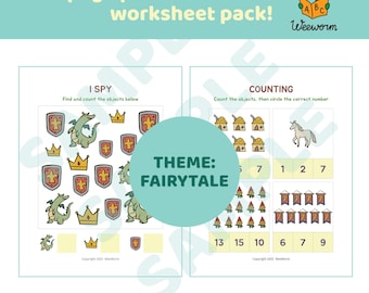 Printable 21- Page Preschool Math Worksheet Pack | Numbers and Counting | Theme : FairyTale