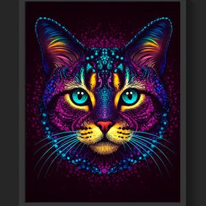 Puede incluir: Retrato estilizado de un gato vibrante con patrones intrincados en tonos morados, azules, amarillos y naranjas. El gato tiene ojos turquesa brillantes y largos bigotes azules, sobre un fondo oscuro.
