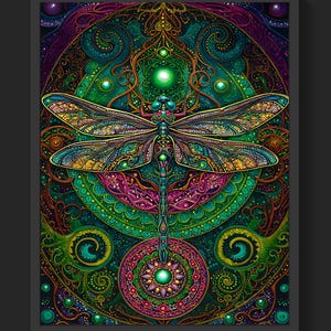 Puede incluir: Una vibrante y detallada ilustración de una libélula con intrincados patrones en tonos verdes, azules, amarillos y rosas. La libélula está centrada contra un fondo de diseños ornamentales y arremolinados, creando una composición psicodélica y artística.